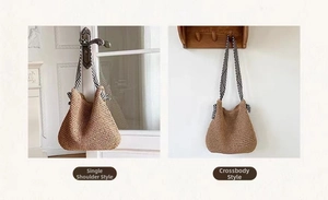 Detail of woven straw bag showing versatile styles for shoulder and crossbody wear