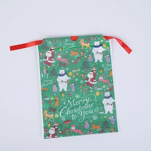Detail of green Christmas drawstring gift bag with red ribbon and holiday illustrations