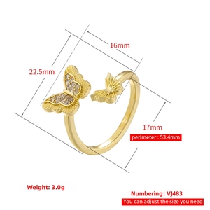 Detail view of 18K gold plated butterfly ring with size specs and zircon pavé detail