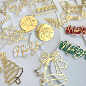 Colorful acrylic Happy New Year cake toppers in mirror gold, red and green festive styles