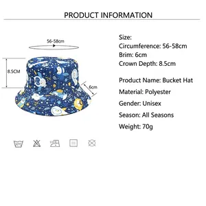 Size chart for reversible penguin bucket hat showing 56-58cm circumference and 6cm brim