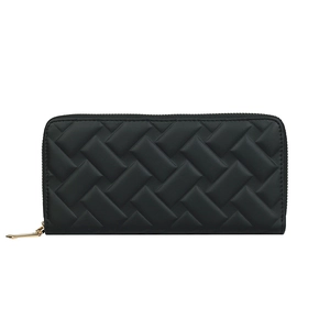 Chic black PU leather wallet for women with elegant woven embossed texture in long style
