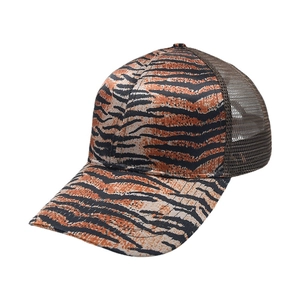 Classic tiger stripe print trucker hat with breathable brown mesh for outdoor sun protection