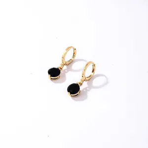 Gold-plated hoop earrings with round black zircon stones, 2.5cm drop length for women