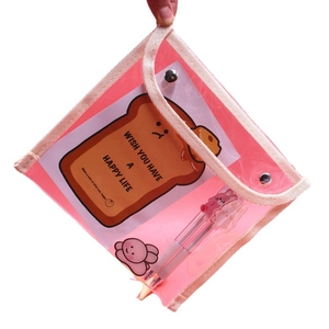 Pink transparent PVC stationery pouch with handle and metal buckle for school storage