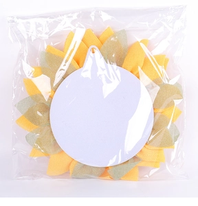 Macro view of sunflower wreath decoration in transparent packaging with back support
