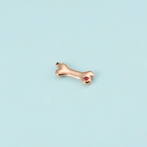 Detail of golden dog bone pendant with red stone inlay on a light blue background