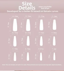Tableau des tailles pour 24 faux ongles ballerine extra longs avec 12 dimensions