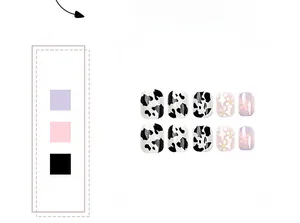 Detail of short square press-on nails with purple floral and black cow print patterns