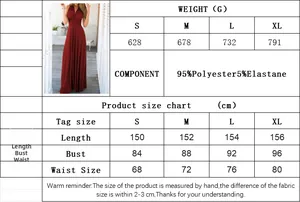 Tabla de tallas con medidas, peso y material para vestido largo rojo con cuello halter