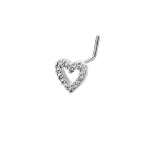 L-shaped heart nose stud with sparkling cubic zirconia in silver minimalist finish