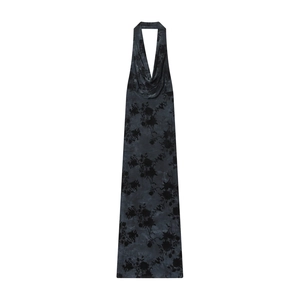 Abito Lungo Halter Scollo A V Profondo Velluto Floccato Floreale Devoré Senza Maniche Bodycon Elegante Da Sera Donna