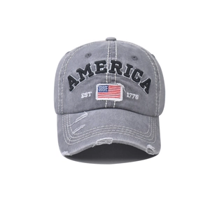 Vintage washed grey baseball cap with embroidered America logo and USA flag patches