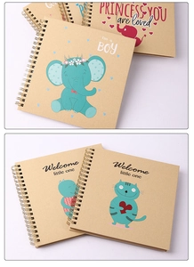 Close-up of 6 inch spiral scrapbooks with kraft paper covers and cute animal illustrations