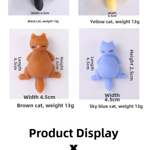 Four colorful squishy cat stress relief toys in black, yellow, brown, and sky blue
