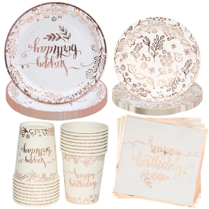 Rose gold foil Happy Birthday paper plates and napkins set for party decorations