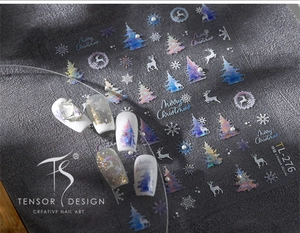 Macro shot of TL-276 Christmas nail stickers with reindeer and snowflake patterns