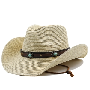 Foldable beige straw cowboy sun hat for men with turquoise leather band and chin strap