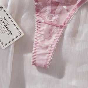 Pink floral lace lingerie set with breathable mesh embroidery and scalloped edges