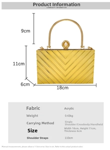 Detail view of gold acrylic clutch with dimensions 18x11x6cm and pearl metal handle