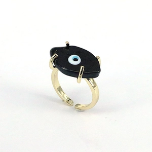 Handmade gold plated copper evil eye open ring with black inlay in bohemian style