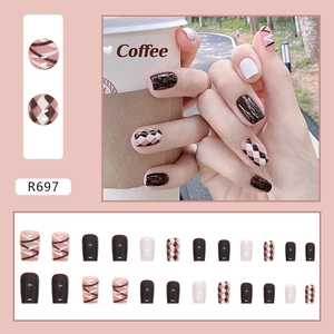Brown plaid press-on nails set in cream and dark coffee tones with checkered patterns