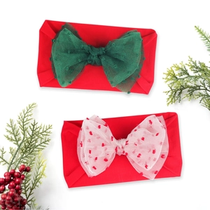 Two-pack Christmas baby nylon headbands with large mesh bows in red and green festive styles