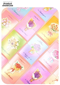 Flat lay of multiple floral bouquet greeting cards with hand-drawn designs and soft colors