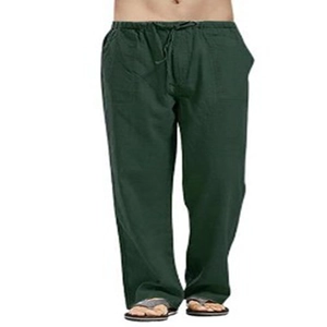 Dettaglio dei pantaloni casual da uomo in lino verde bosco con coulisse in vita