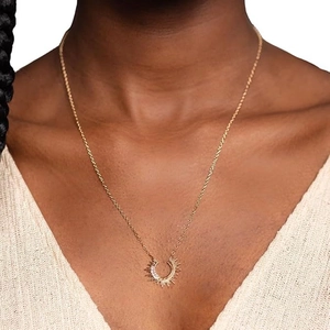 Collier Pendentif Soleil Acier Inoxydable Plaqué Or 18K Zircon Blanc Rectangulaire Demi Cercle Bijoux Pour Femmes