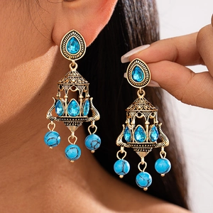 Bohemian Retro Chandelier Dangle Earrings For Women Alloy Blue Rhinestone Synthetic Turquoise With Silver Earring Post