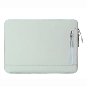 Minimalist light green laptop sleeve case with durable fabric and zippered front pocket