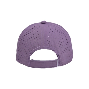 Detail view of purple quick-dry baseball cap with laser-cut holes and velcro strap