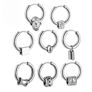 Macro view of 8-piece silver stainless steel earring set with punk charms and zircons