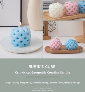Macro shot of geometric pillar and ball candles in blue, pink and white soy wax