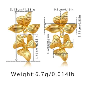 Detailed measurement view of irregular floral 18K gold-plated copper earrings showing dimensions