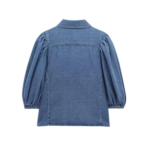 Back view of denim shirt with vintage puff sleeves and elegant turn-down collar