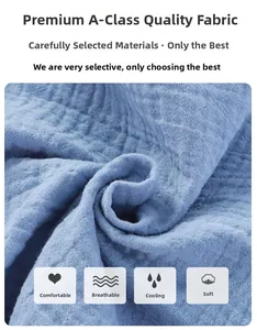 Detail of light blue A-class breathable cotton gauze fabric with soft crinkle texture