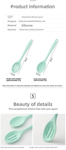 Detail view of mint green silicone spoons with dimensions 20cm by 4.3cm and steel core info