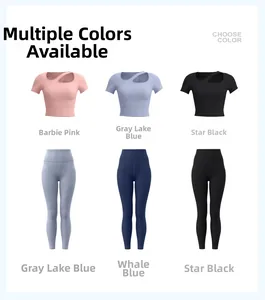 Layout a matrice di completi da yoga traspiranti con top traforati e leggings a vita alta