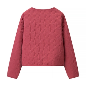Detailed back view of a dark pink quilted women's jacket with floral geometric stitching