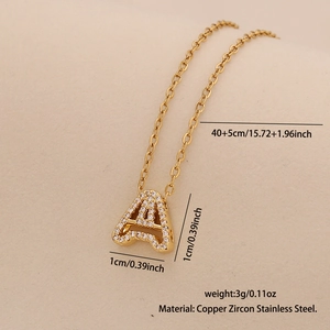 Detailed size specifications for a gold initial A pendant necklace in stainless steel
