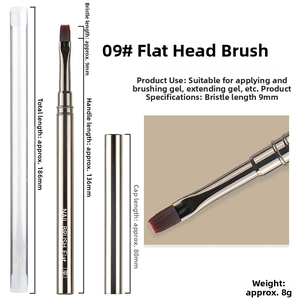 Flat head nail art brush with silver metal handle and 9mm synthetic bristles detail