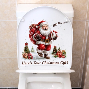 Festive Santa Claus toilet lid sticker with colorful Christmas tree and gift box decoration