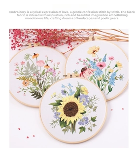 DIY embroidery starter kit with floral patterns including sunflower and wildflowers