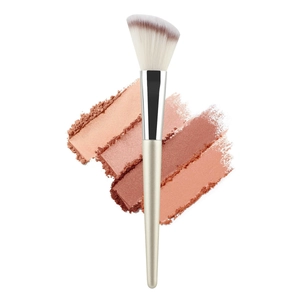 Angled contour makeup brush with soft bristles and metallic handle on clean backdrop