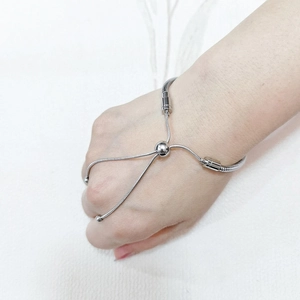Silver stainless steel snake chain bracelet with adjustable bolo clasp for men and women
