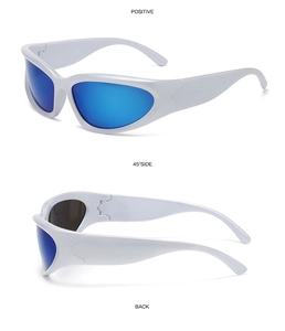 Three-way view of white futuristic cycling sunglasses with blue reflective mirror lenses