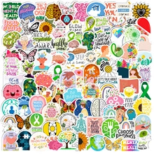 Detailed pile of diverse mental health awareness stickers with green hearts and ribbons