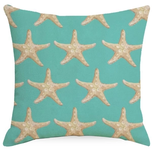 Nautical blue linen pillowcase featuring beige starfish print for home sofa decor
